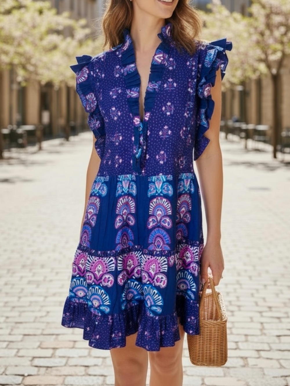 Caroline Constas Tiered Ruffled Navy Half Moon🌜Flutter Sleeve Cotton Mini Dress